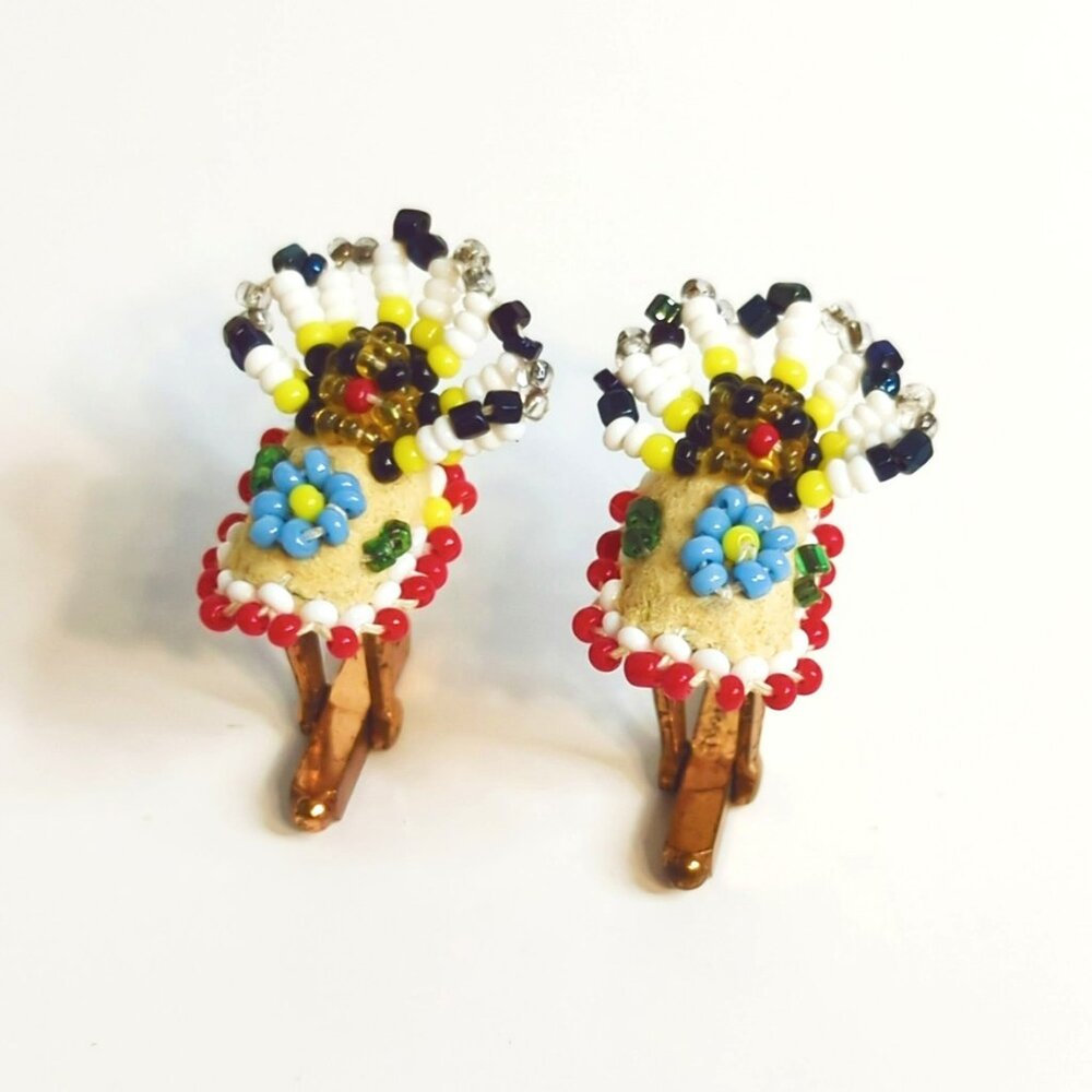 Vintage Handmade Beaded Seed Bead Cufflinks Southwestern Floral Copper